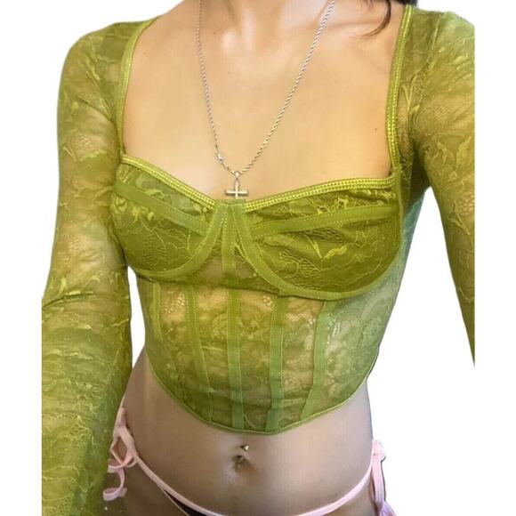 Medium Olive Green Lace Corset‎ Long Sleeve Crop Top Bustier Corset Mesh Panel - Picture 2 of 6
